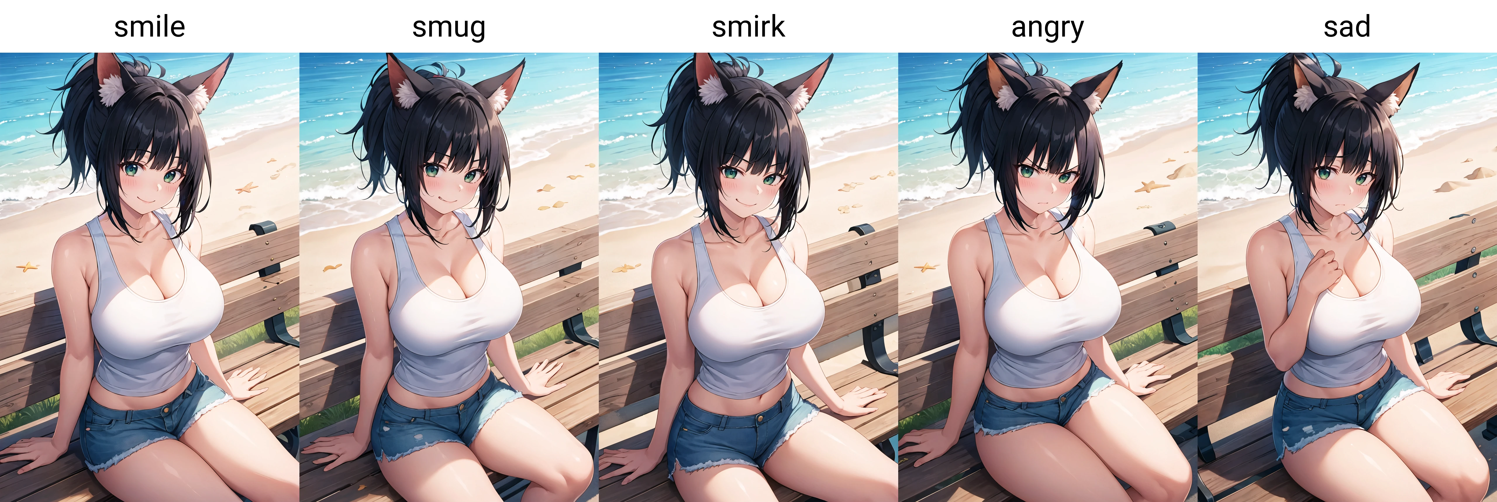 masterpiece, best quality, 1girl, solo, sitting, on bench, outdoors, beach, tank top, (white tank top:1.2), (black hair:1.2), green eyes, (smile), ponytail, blunt bangs, short hair, huge breasts, blue shorts, fox ears, <lora:Kino-Konomi-Style_1144880:1>