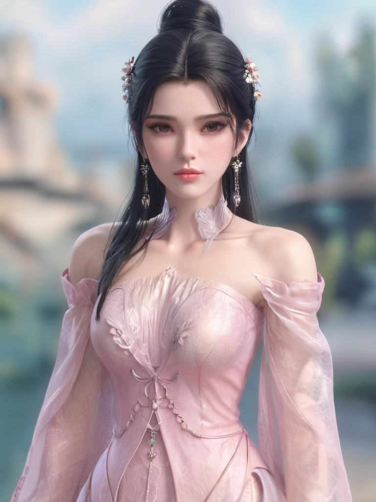 1girl, earrings, jewelry, solo, black hair, hair ornament, hair bun, long hair, looking at viewer, single hair bun, blurry background, expressionless, dress, closed mouth, blurry, upper body <lora:limuwan-000008:0.6>, (best quality, masterpiece), 1girl, intricate details, off shoulder, skirt, choker, frills, see-through, looking at viewer, blush, upper body, blurry background, floral print, contrapposto
