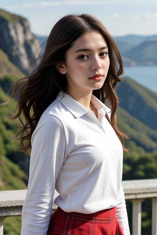 1 woman, 22yo, (realistic, masterpiece, high detailed skin:1.2) (looking at viewer, full body shot, scenic view, long hair:1.2)
<lora:Polo_Skirt_By_Stable_Yogi:1> white shirt, polo shirt, long sleeves, red plaid  skirt,
