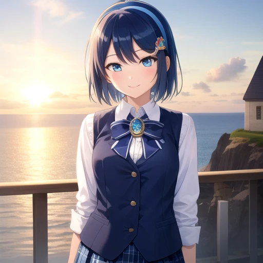 ((masterpiece)),(best quality),official art,extremely detailed CG,unity 8k wallpaper,ultra detailed,A lighthouse on a cliff by the sea,1girl,solo,upper body,looking at viewer,madobe nanami,smile,short hair,blue hair,hairband,hairclip,hair ornament,blue eyes,vest,brooch,blue bow,collared shirt,white shirt,blue skirt,plaid skirt,white thighhighs,zettai ryouiki,loafers,<lora:Madobe Nanami(win)>,