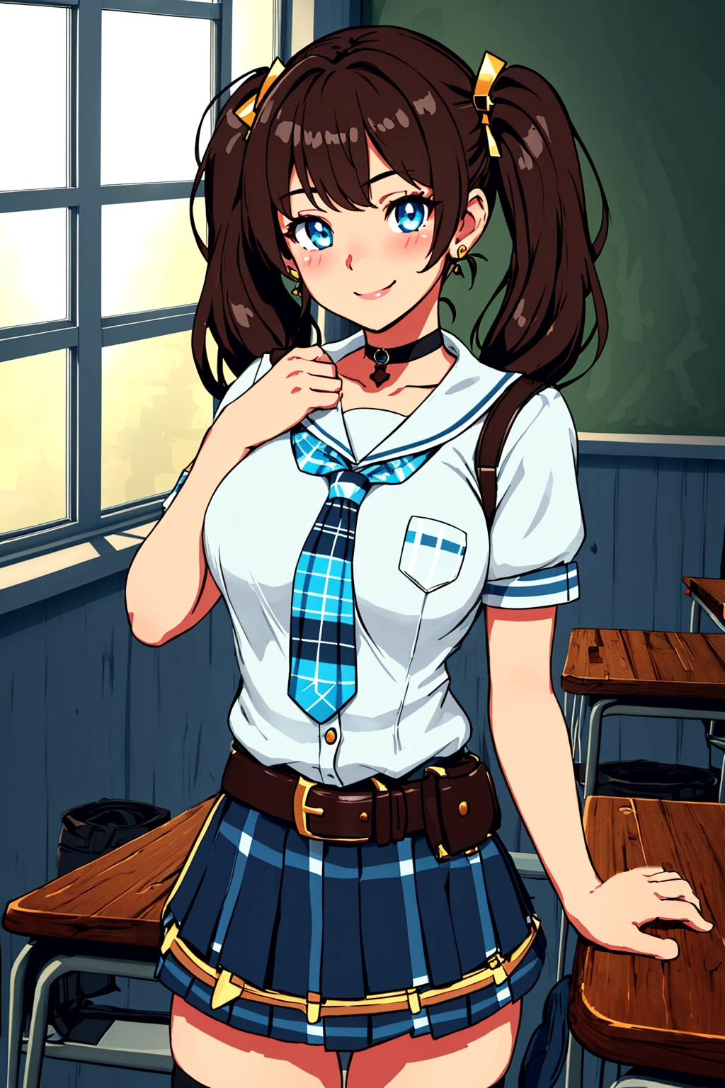 masterpiece, ultra-detailed, best quality, illustration, 8k cg wallpaper, an extremely delicate and beautiful, 1girl, solo, perfect anatomy, cute face, smiling, blushing, sparkling eyes, deep blue eyes, beautiful detailed eyes, dark brown hair, shoulder-length hair, twintails, cute hair accessories, cute earrings, cute choker, slim body, medium breasts, school uniform, perfect arms, perfect hands, perfect fingers, cute arm accessories, cute hand accessories, black belt with gold buckle, light blue plaid miniskirt, cute thigh-high stockings, perfect legs, cute, pretty, beautiful, sexy, perfect body, (background: classroom, desks, chairs, blackboard, windows, intricately detailed items in background), <lora:Firewatch:1>