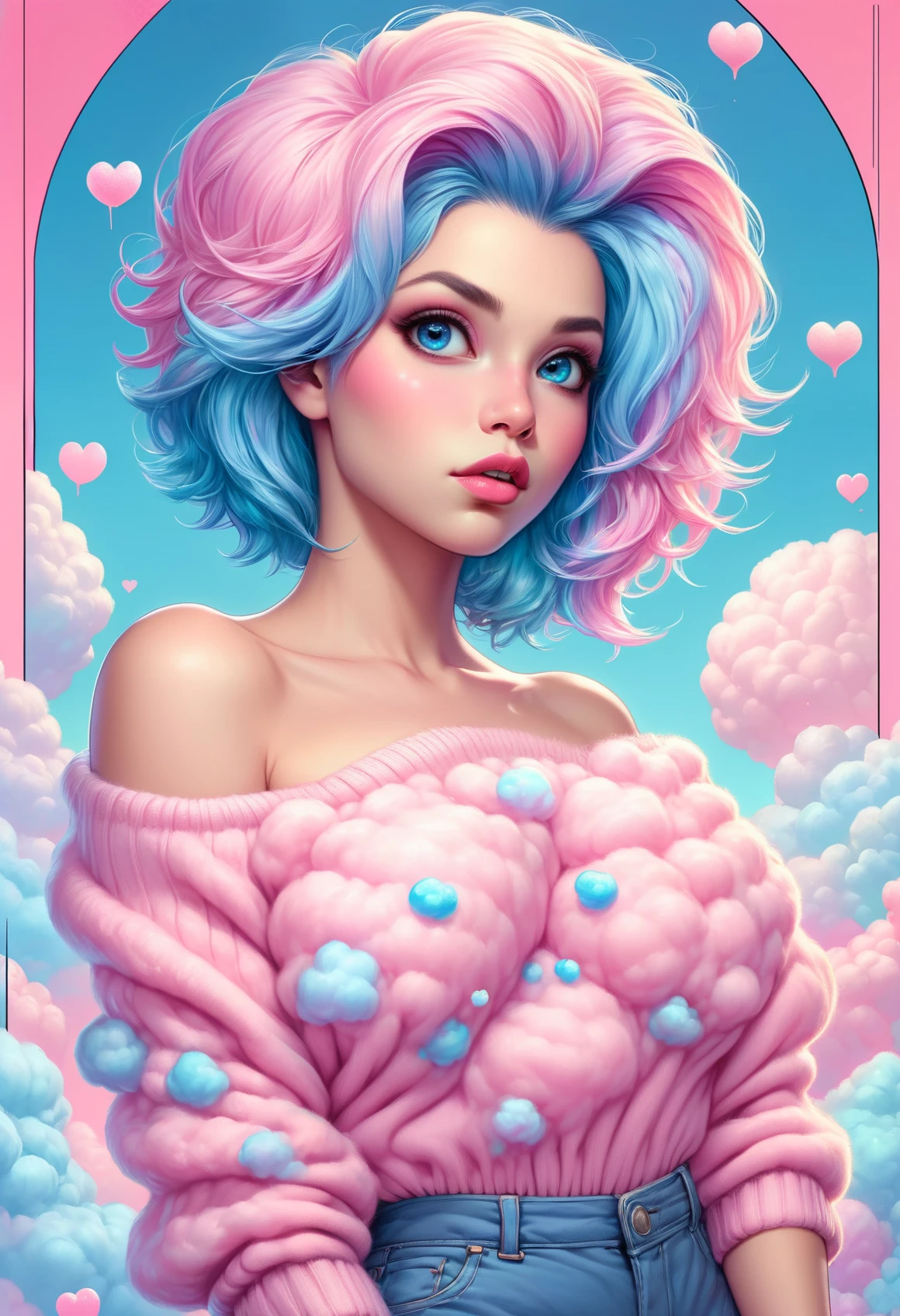 <lora:SDXLCottonCandy:1> cottoncandy, character concept art of a beautiful woman leaning over, pink cotton candy sweater falling off her shoulder, valentines day, cleavage, extremely sexy, seductive, long iridescent pink and blue hair, luscious lips, comic book art, rough colored sketch
, colorful, elaborate wonderful background,