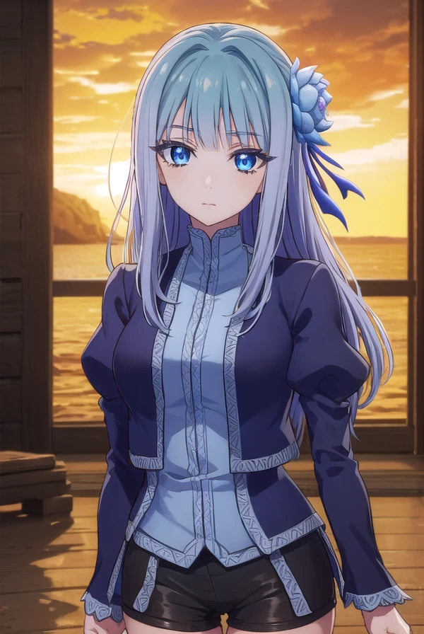 mabelrayveil, <lora:mabel rayveil s1-lora-nochekaiser:1>,
mabel rayveil, long hair, bangs, blue eyes, hair ornament, blue hair, flower, hair flower, blunt bangs,
BREAK long sleeves, jacket, shorts, puffy sleeves, short shorts, black shorts, juliet sleeves,
BREAK outdoors, nature, forest, sky, sun, clouds,
BREAK looking at viewer, (cowboy shot:1.5),
BREAK <lyco:GoodHands-beta2:1>, (masterpiece:1.2), best quality, high resolution, unity 8k wallpaper, (illustration:0.8), (beautiful detailed eyes:1.6), extremely detailed face, perfect lighting, extremely detailed CG, (perfect hands, perfect anatomy),