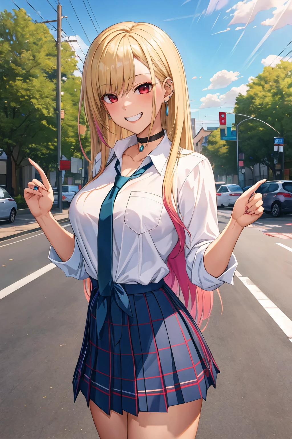 masterpiece, best quality, highres, kitagawa marin, 1girl, blonde hair, long hair, multicolored hair, red eyes, jewelry, earrings, piercing, school uniform, white shirt, tied shirt, black choker, blue necktie, plaid skirt, <lora:kitagawa_marin_v1-1:0.7>, grin, smile, standing, cowboy shot, outdoors, <lora:satou-daiji-Style_1115776:1>