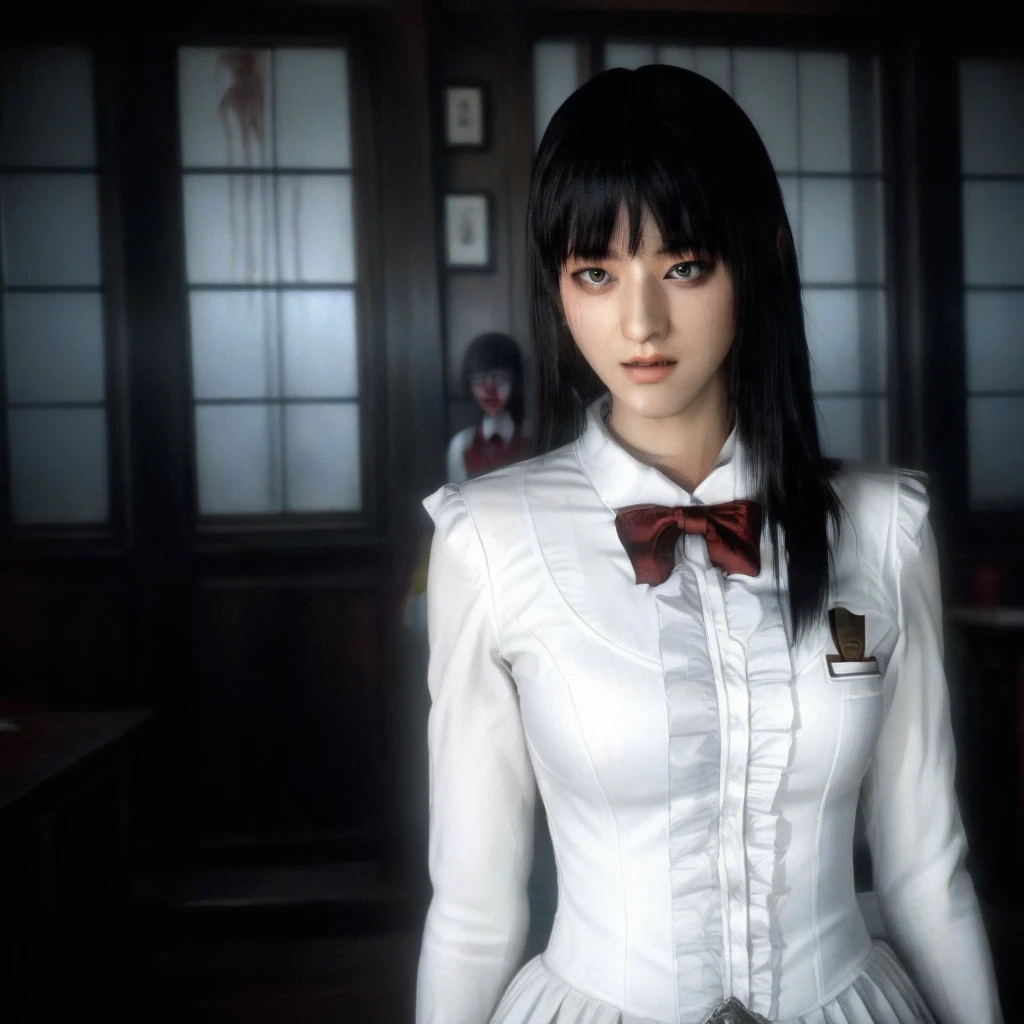 Ultra-realistic extremely detailed 8k photo of a 30-year-old mature elegant cute and gorgeously beautiful gogo woman wearing school uniform as a bloody ghost in haunted house, standing in the middle of the room, detailed perfect sexy body with medium breasts>, breathtakingly amazing artwork, beautiful composition, gorgeous and haunting lighting  ((adult)), front view, full shot, adult woman, visual novel sprite  <lora:fatal style:0.8> fatal style, night, horror, scary, creepy <lora:gogo woman:0.875>
