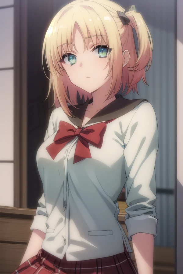 yukiyoshida, <lora:yuki yoshida s2-lora-nochekaiser:1>,
yuki yoshida, short hair, blonde hair, hair ornament, (green eyes:1.3), one side up,
BREAK skirt, bow, school uniform, serafuku, plaid, red bow, brown skirt,
BREAK indoors,
BREAK looking at viewer, (cowboy shot:1.5),
BREAK <lyco:GoodHands-beta2:1>, (masterpiece:1.2), best quality, high resolution, unity 8k wallpaper, (illustration:0.8), (beautiful detailed eyes:1.6), extremely detailed face, perfect lighting, extremely detailed CG, (perfect hands, perfect anatomy),