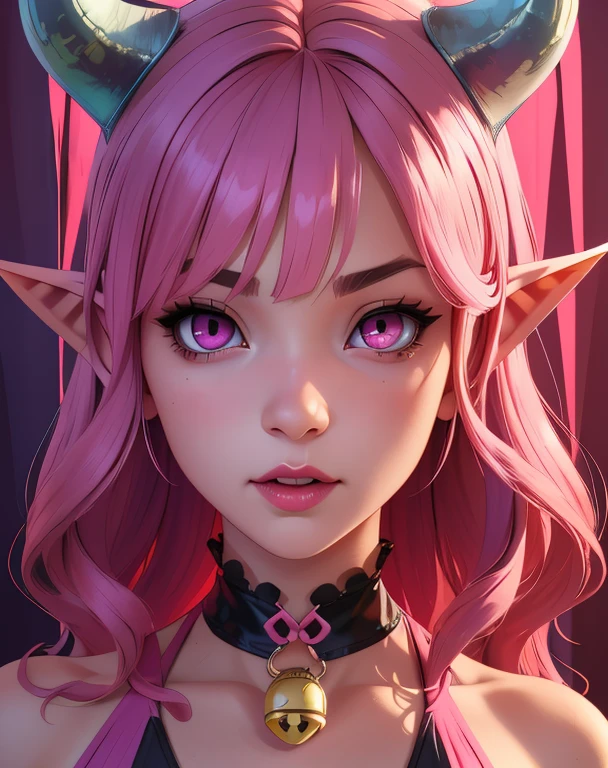 Succubus,pink hair,demon horns,demon tail,pointy ears,pink eyes,
solo,standing,upper body,    
detached sleeves,necktie with bell,slingshot swimsuit,wrist cuffs,purple crop top,
tavern,
(insanely detailed, beautiful detailed face,beautiful detailed eyes, masterpiece, best quality),<lora:Succubus-10Dv8:0.8>,