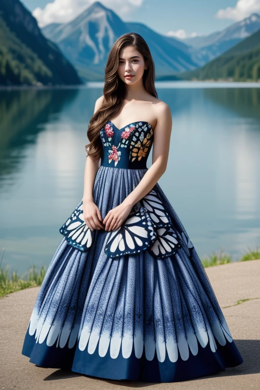 1 woman, 22yo, (realistic, masterpiece, high detailed skin:1.2) (looking at viewer, full body shot, scenic view, long hair:1.2)
butterfly print gown
<lora:Butterfly_Gown_By_Stable_yogi:0.8>