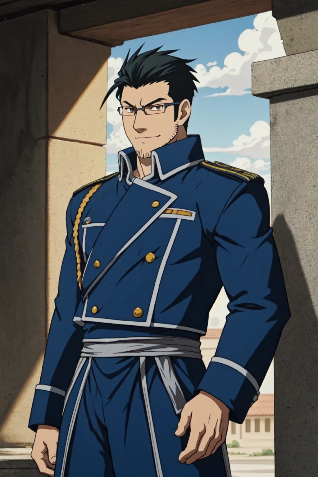 1boy,  solo,  Maes Hughes,  Fullmetal Alchemist,  anime,  2D,  tall,  lean,  black hair,  jovially spiky hair,  brown eyes,  rectangular spectacles framed,  29 years old,  mature,  blue military uniform,  manly,  masculine,  handsome,  charming,  alluring,  office,  (standing),  (upper body in frame),  perfect light,  perfect anatomy,  perfect proportions,  perfect perspective,  8k,  HQ,  (best quality:1.2,  masterpiece:1.2,  madly detailed),  perfect face,  (portrait),  looking_at_viewer,  outdoor,  sky,<lora:EMS-267819-EMS:0.700000>,<lora:EMS-498-EMS:0.100000>