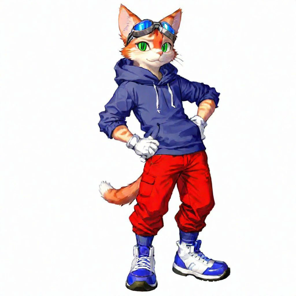 Blinx, solo, looking at viewer, simple background, gloves, 1boy, white background, green eyes, standing, tail, full body, shoes, pants, white gloves, hood, cat tail, hoodie, :3, cat, white footwear, slit pupils, goggles, furry, goggles on head, red pants, blue hoodie