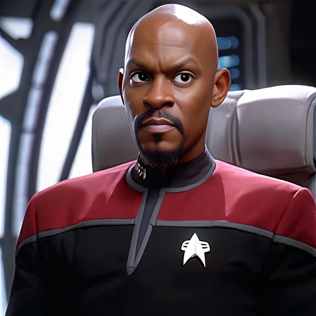 breathtaking <lora:captain_sisko_v2_100x100:0.6> captain_sisko, man,(goatee:1.4),red, grey and black uniform,starfleet symbol on the left side of the chest . award-winning, professional, highly detailed