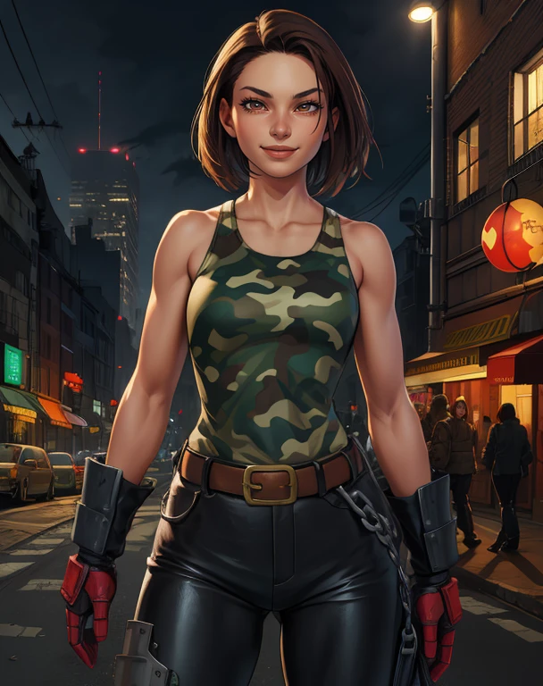 Akira,brown hair,brown eyes,short hair,camo shirt,bare shoulders,belt,leather pants,toned,smile,standing,armor,leaning back,cityscape,night,(insanely detailed, masterpiece, best quality,beautiful detailed eyes),solo,<lora:akira-11SFV3dv8:0.8>,
