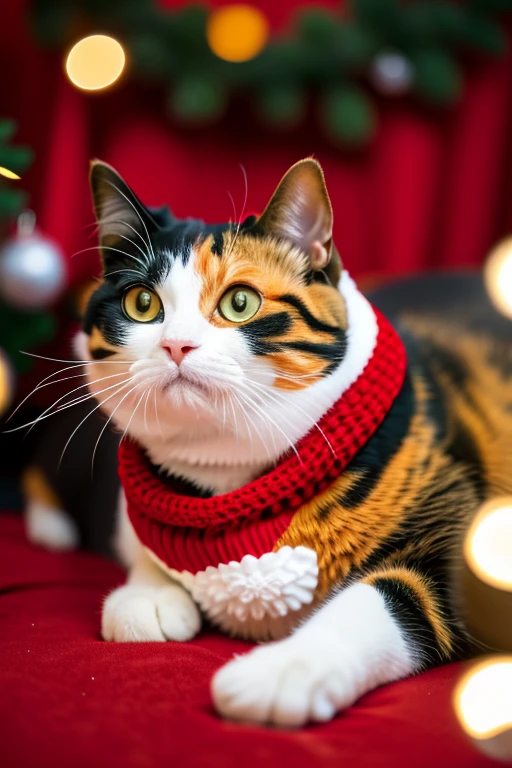 calico cat,Christmas costume,holiday theme,presents,bokeh lights,red background,festive decoration,attentive expression,indoor,fabric texture,close-up,blurred background,high-resolution image,warm colors,lying down,animal portrait,