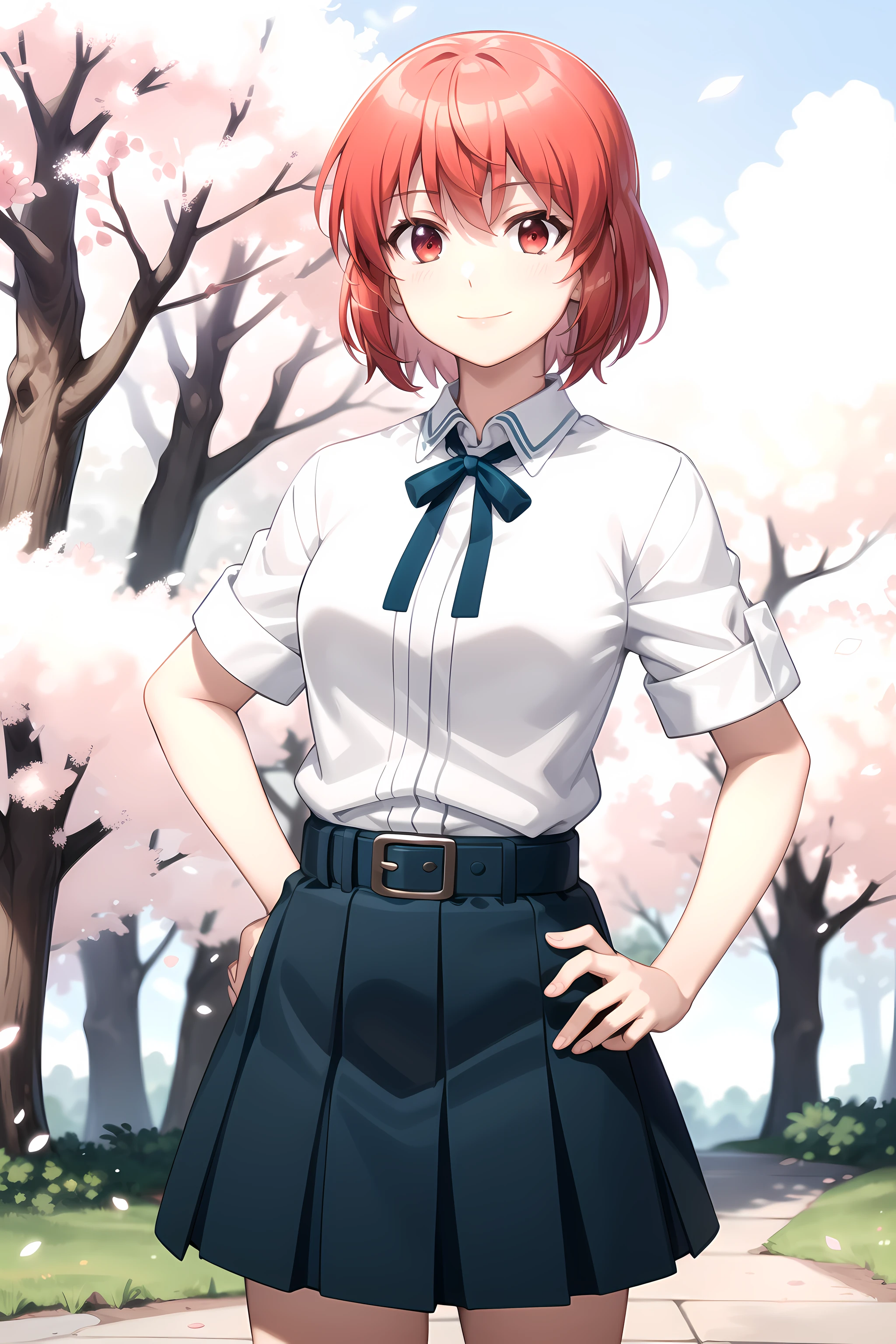 best quality, masterpiece, detailed,
<lora:Tsugumomo_SumeragiSunao:0.9>, SumeragiSunao,
1girl, closed mouth, light smile,
red hair, red eyes, short hair,
school uniform, white shirt, collared shirt, ribbon, blue skirt, belt,
standing, hand on hip, looking at viewer,
outdoors, school, tree, cherry blossoms, petals