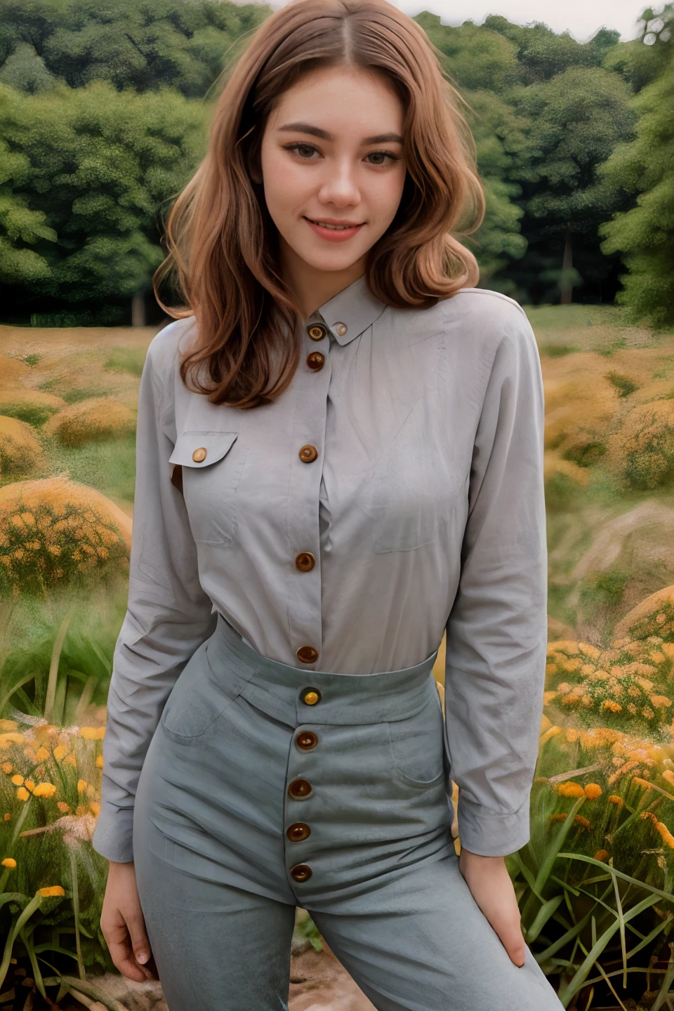 analog film photo solo, gstyle, realistic, ((woman)), (((Red and Gray hair),(Long Hair, Long Layers Hairstyle))), (((happy512))), (((Thistle Button-up shirt, high-waisted pants, loafers:1.5))), ((meadow, colorful wildflowers, lush grass, serene)), ((dynamic pose)), ((patina)), high detailed, 8k, clear facial features, <lora:PAseer-SD15-LCM Quick:1> <lora:ReaLora:.2> skin <lora:GStyle_-_Photography_Style:.4> <lora:IDG_-_Gia:1> iaggirl . faded film, desaturated, 35mm photo, grainy, vignette, vintage, Kodachrome, Lomography, stained, highly detailed, found footage