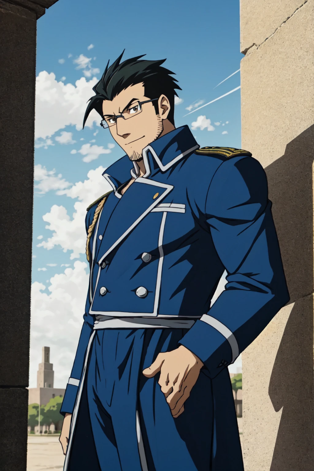 1boy,  solo,  Maes Hughes,  Fullmetal Alchemist,  anime,  2D,  tall,  lean,  black hair,  jovially spiky hair,  brown eyes,  rectangular spectacles framed,  29 years old,  mature,  blue military uniform,  manly,  masculine,  handsome,  charming,  alluring,  office,  (standing),  (upper body in frame),  perfect light,  perfect anatomy,  perfect proportions,  perfect perspective,  8k,  HQ,  (best quality:1.2,  masterpiece:1.2,  madly detailed),  perfect face,  front view,  portrait,  outdoor,  sky, best quality, perfecteyes,<lora:EMS-267819-EMS:0.700000>,<lora:EMS-498-EMS:0.100000>