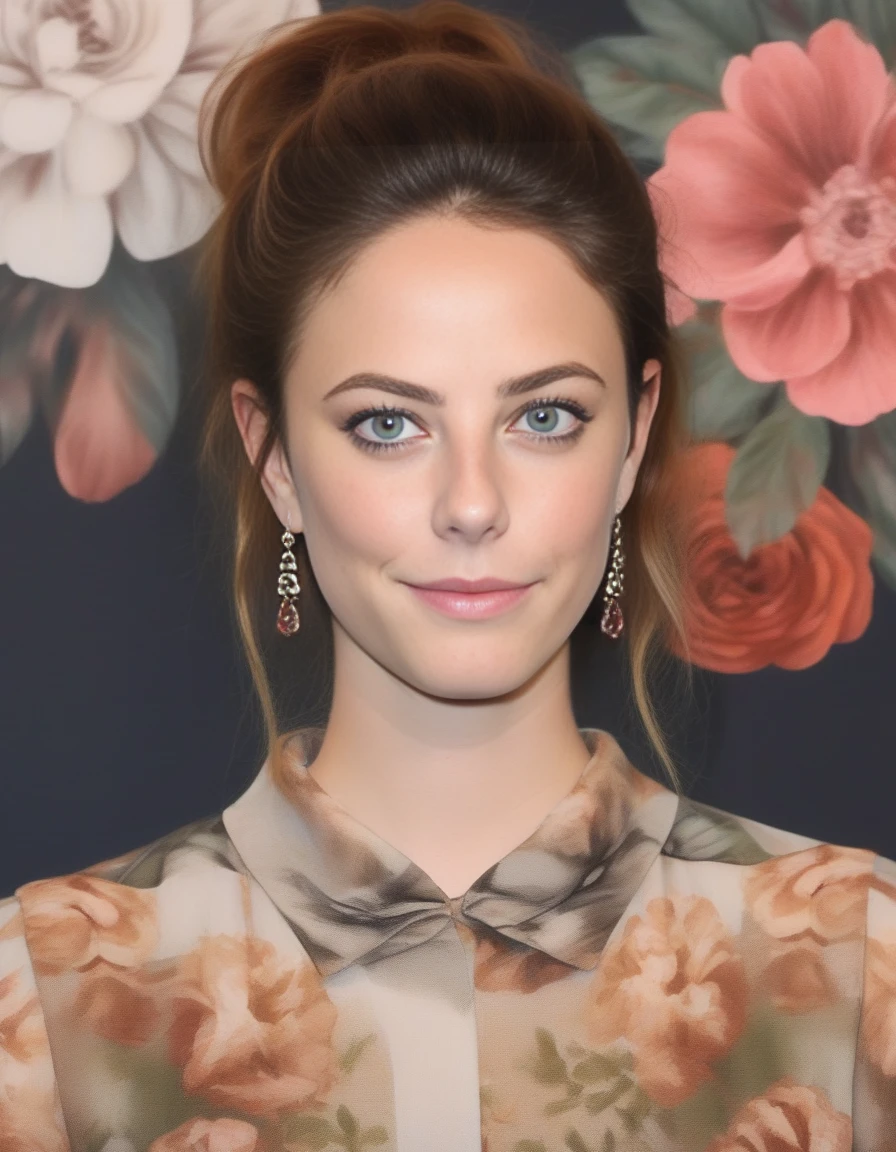 KayaScodelario,<lora:KayaScodelarioSDXL:1>,An image of a woman with an elegant updo hairstyle that has volume and a natural gradient from darker roots to lighter tips. Her facial features should be depicted with soft realism, highlighted by smoky eye makeup and a light, composed gaze. She is wearing a floral-patterned blouse in earthy tones. The style should blend photorealism with a soft-focus effect to achieve a modern fashion illustration look.
