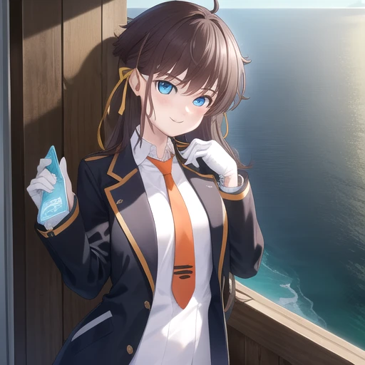 ((masterpiece)),(best quality),official art,extremely detailed CG,unity 8k wallpaper,ultra detailed,A lighthouse on a cliff by the sea,1girl,solo,upper body,looking at viewer,Kashiwazaki Kana(Nebel Geisterjäger),smile,long hair,brown hair,hair ribbon,hair flaps,bangs,medium breasts,black gloves,blue eyes,jacket,long sleeves,white shirt,collared shirt,orange necktie,open clothes,dress,thighhighs,high heel boots,<lora:Kashiwazaki Kana(Nebel Geisterjäger)>,