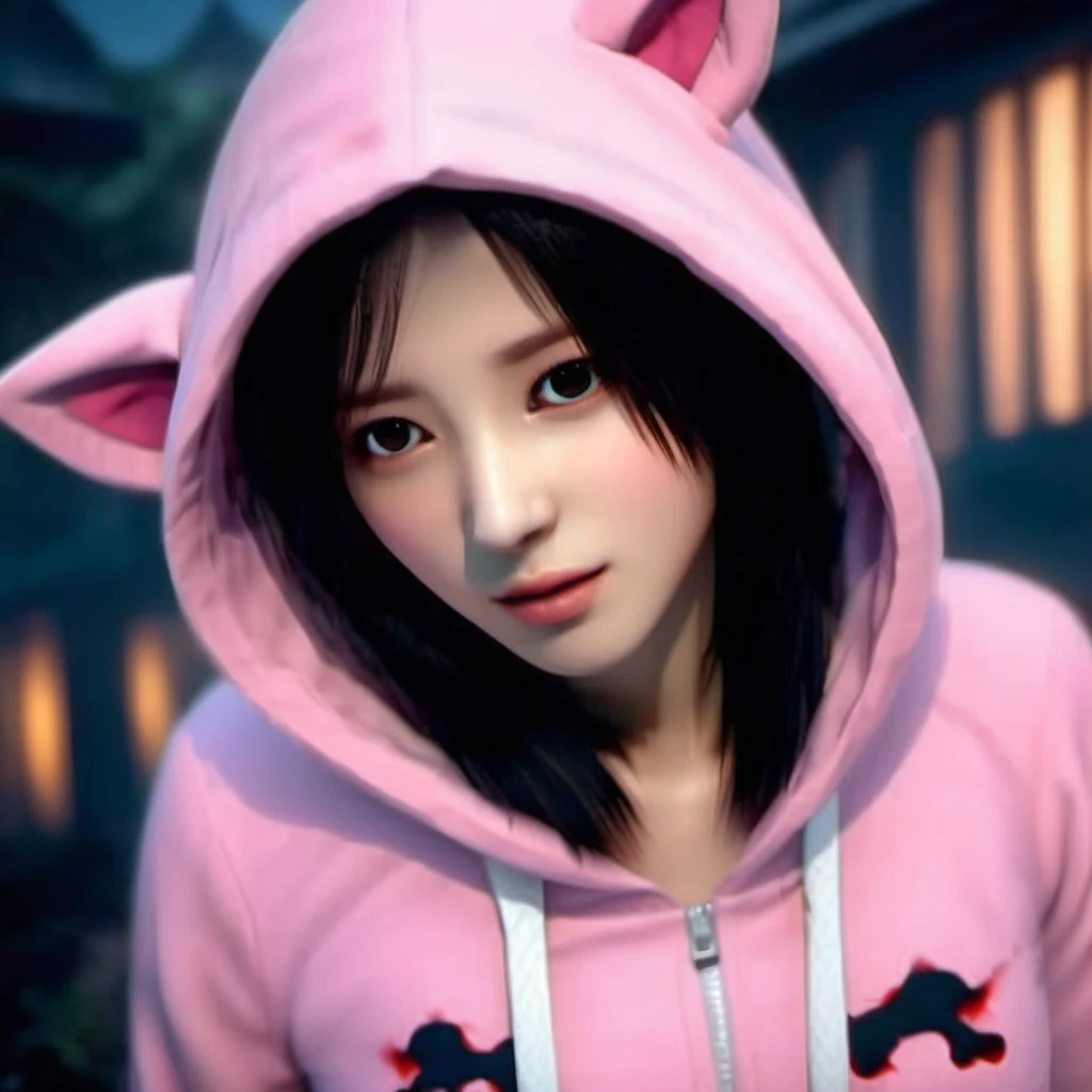 8k super high quality photo of a horror game as k-pop 23-year-old idol <lora:lora-nancy:0.675> ohwx woman with long brown hair and brown eyes dressed in a cute pink animal hoodie outfit exploring a dark creepy haunted fantasy open world at night, being stalked by ghosts, extremely detailed eyes and facial features, hauntingly gorgeous lighting, horrifying scary composition <lora:fatal style:0.975> fatal style