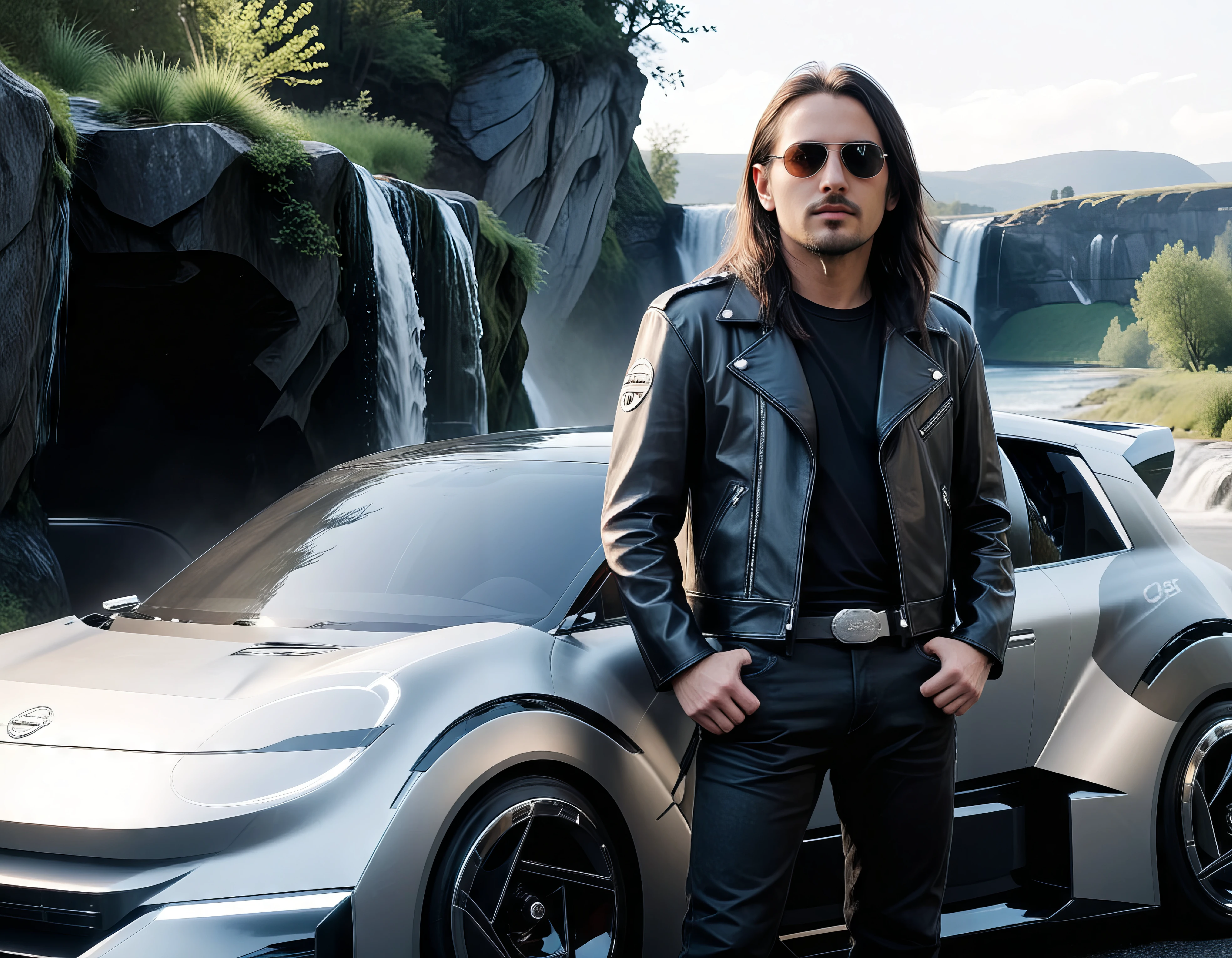 photo of a (Lemmy standing in front of a car:1.1),man, red sports car, leaning, sunny day, waterfall, cropped t-shirt, leather jacket, cowboy boots, casual style, outdoor setting
NISSAN 2023, A sleek silver concept car with a futuristic design, ultra-modern headlights , photorealistic