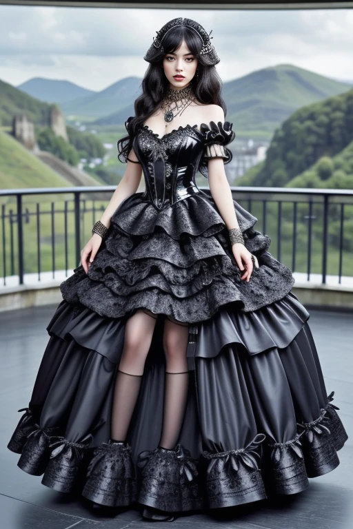 1 woman, 22yo, (realistic, masterpiece, high detailed skin:1.2) (looking at viewer, full body shot, scenic view, long hair:1.2)
<lora:Latex_Gothic_Gown_By_Stable_Yogi:0.8> latex goth gown, frills, jewellery, watch, bracelet