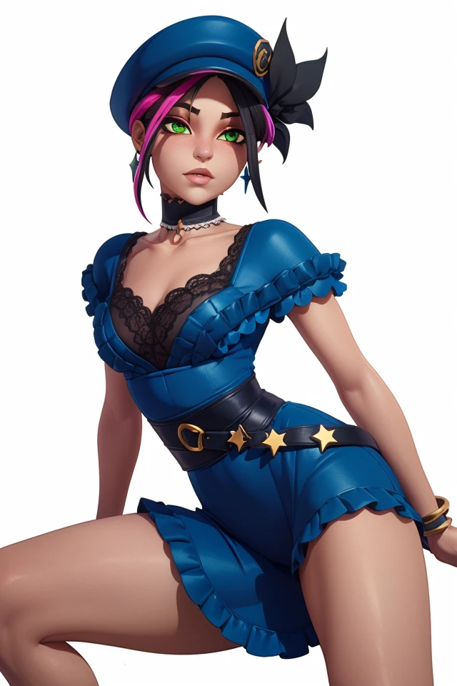 <lora:VRAMsHelsie:0.6> vramshelsie, 1girl, black hair, green eyes, multicolored hair, pink hair, earrings, blue hat, jewelry, ruffles, lacewear, choker, photoshoot, white background, simple background, belt, knee