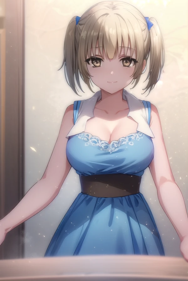 korewakyoko, <lora:korewa kyoko s2-lora-nochekaiser:1>,
kyoko, short hair, blonde hair, twintails, (brown eyes:1.5), short twintails, smile, grin,
BREAK dress, cleavage, sleeveless, (blue dress:1.5), sash, bow, red bow,
BREAK indoors,
BREAK looking at viewer, (cowboy shot:1.5),
BREAK <lyco:GoodHands-beta2:1>, (masterpiece:1.2), best quality, high resolution, unity 8k wallpaper, (illustration:0.8), (beautiful detailed eyes:1.6), extremely detailed face, perfect lighting, extremely detailed CG, (perfect hands, perfect anatomy),
