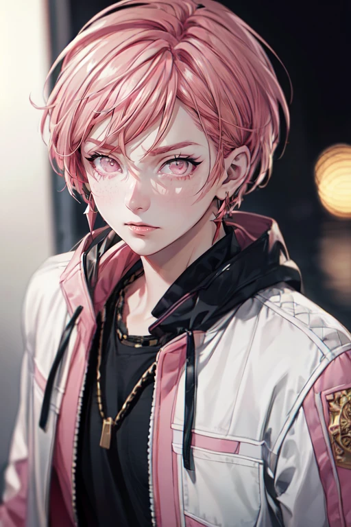 photorealistic, (4k), depth of field, (Masterpiece), (realistic skin texture), extremely detailed, intricate, hyper detailed, high resolution, professional photography, bokeh, depth of field, sharp detail, best quality, looking at viewer, 1boy, solo, male focus, <lora:reo_maruyama:0.92>, reo_maruyama, pink hair, pink eyes, , ,