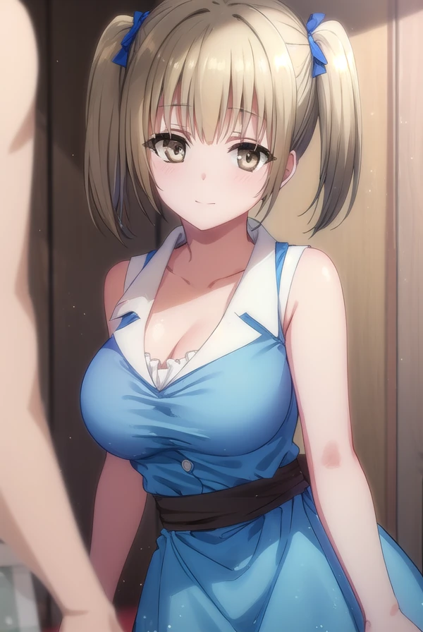 korewakyoko, <lora:korewa kyoko s2-lora-nochekaiser:1>,
kyoko, short hair, blonde hair, twintails, (brown eyes:1.5), short twintails, smile, grin,
BREAK dress, cleavage, sleeveless, (blue dress:1.5), sash, bow, red bow,
BREAK indoors,
BREAK looking at viewer, (cowboy shot:1.5),
BREAK <lyco:GoodHands-beta2:1>, (masterpiece:1.2), best quality, high resolution, unity 8k wallpaper, (illustration:0.8), (beautiful detailed eyes:1.6), extremely detailed face, perfect lighting, extremely detailed CG, (perfect hands, perfect anatomy),