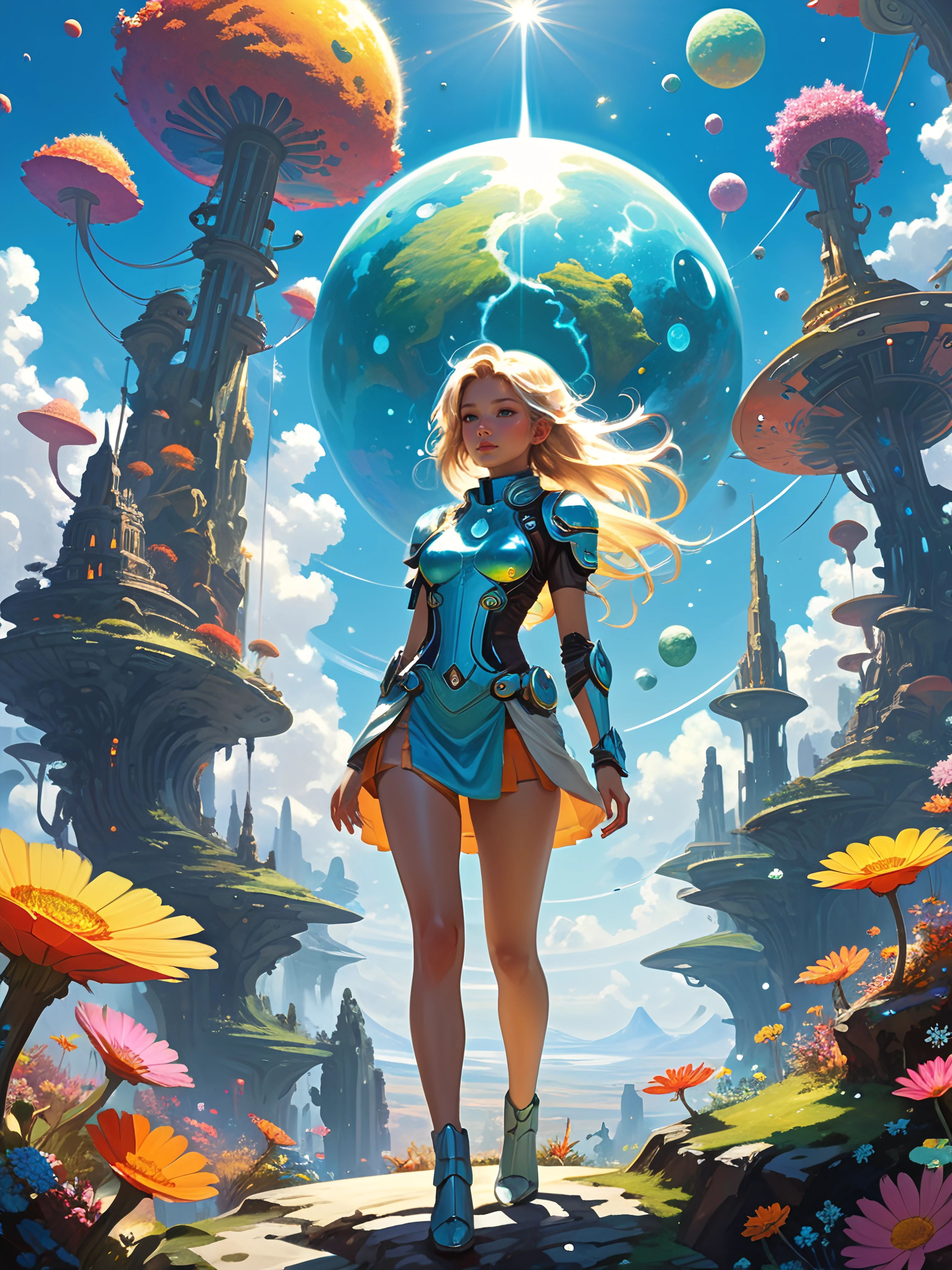 ral-trichom,In a dazzling sci-fi fantasy world, under the radiant midday sun, a cute girl stands on a planet rich with bioluminescent spores and enchanting, colorful flowers. She is garbed in a fusion of ancient fantasy elegance and futuristic sci-fi attire, her clothes fluttering in the gentle breeze that carries twinkling particles. The bright sunlight casts vivid highlights and deep shadows across the landscape. In the background, unique architectural marvels, resembling giant spores, rise majestically against a clear, blue sky, where whimsical orbs float effortlessly, adding an otherworldly charm to this dramatic, sunlit tableau,(wind:1.25)<lora:WildcardX-XL-Detail-Enhancer:1>