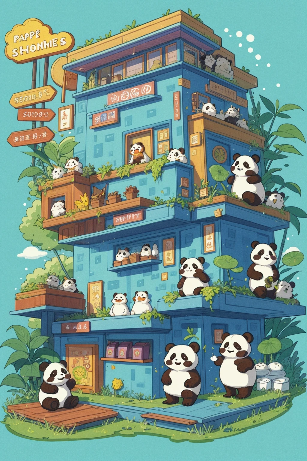 hezi, fresh illustration, flat paint style, panda, bamboo, leaf, smile, brown hair, open mouth, red footwear, short hair, closed eyes, holding, food, shop, 1girl, shirt, solo, plant, blush, blue background, standing, pants, box, 1boy, sign, outdoors, eating, animal, blue pants, shadow, tanabata, shoes, yellow shirt, instrument, nature<lora:æ¸æ°æç»-000014:0.6>