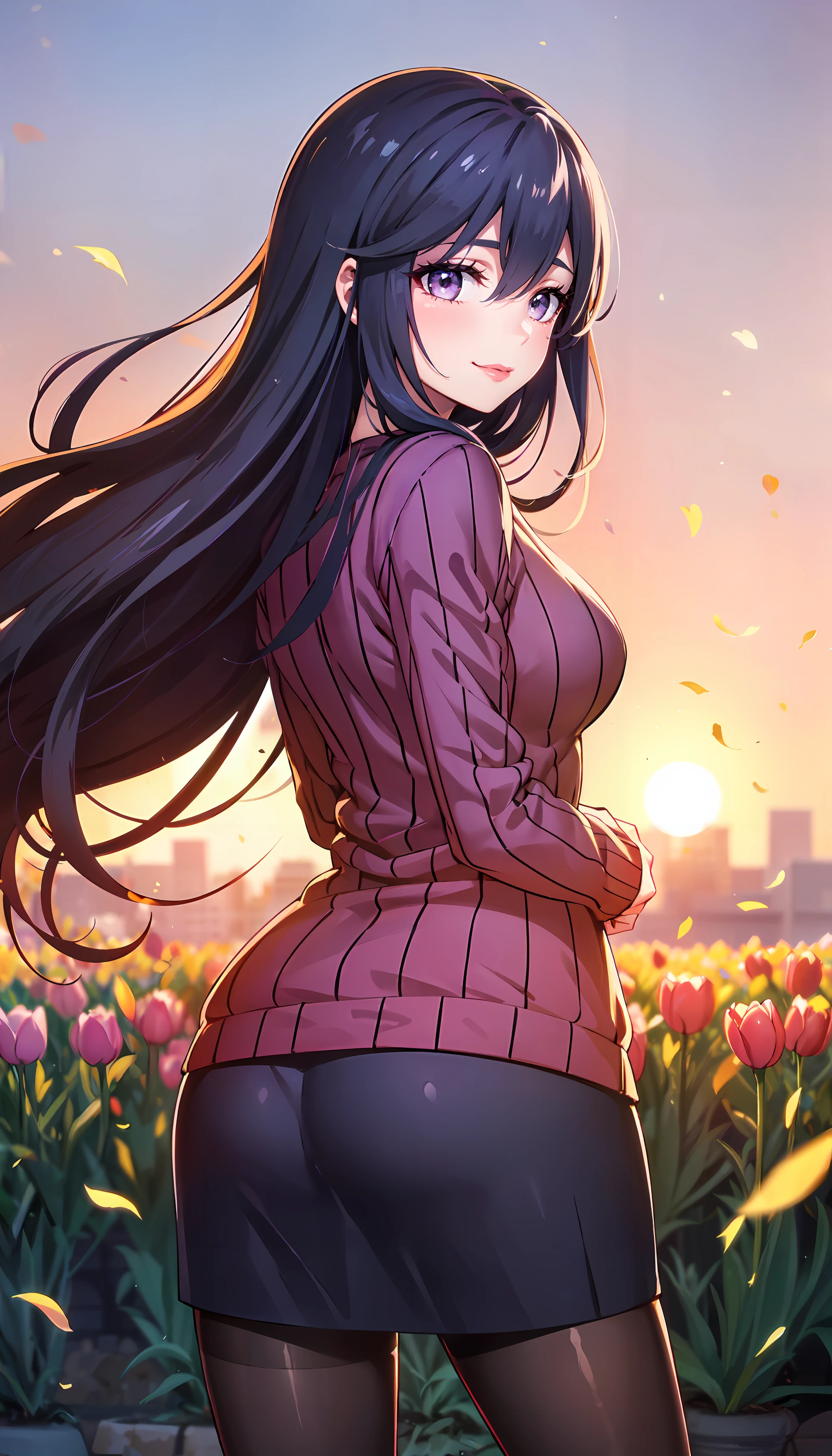 photorealistic, (4k), depth of field, (Masterpiece), (realistic skin texture), extremely detailed, intricate, hyper detailed, professional photography, bokeh, high resolution, sharp detail, best quality, woman, long hair, black hair, purple sweater, purple eyes, black skirt, hair between eyes, pantyhose,  <lora:Saori Ootori-000004:0.7> , <lora:GoodHands-beta2:0.8> , <lora:detail_slider_v4:0.8> , leaning back against a wall, dynamic pose, open field, field of tulips, tulip, pedals, wind, pedals caught in the wind, sunset, backlighting, silhouette,