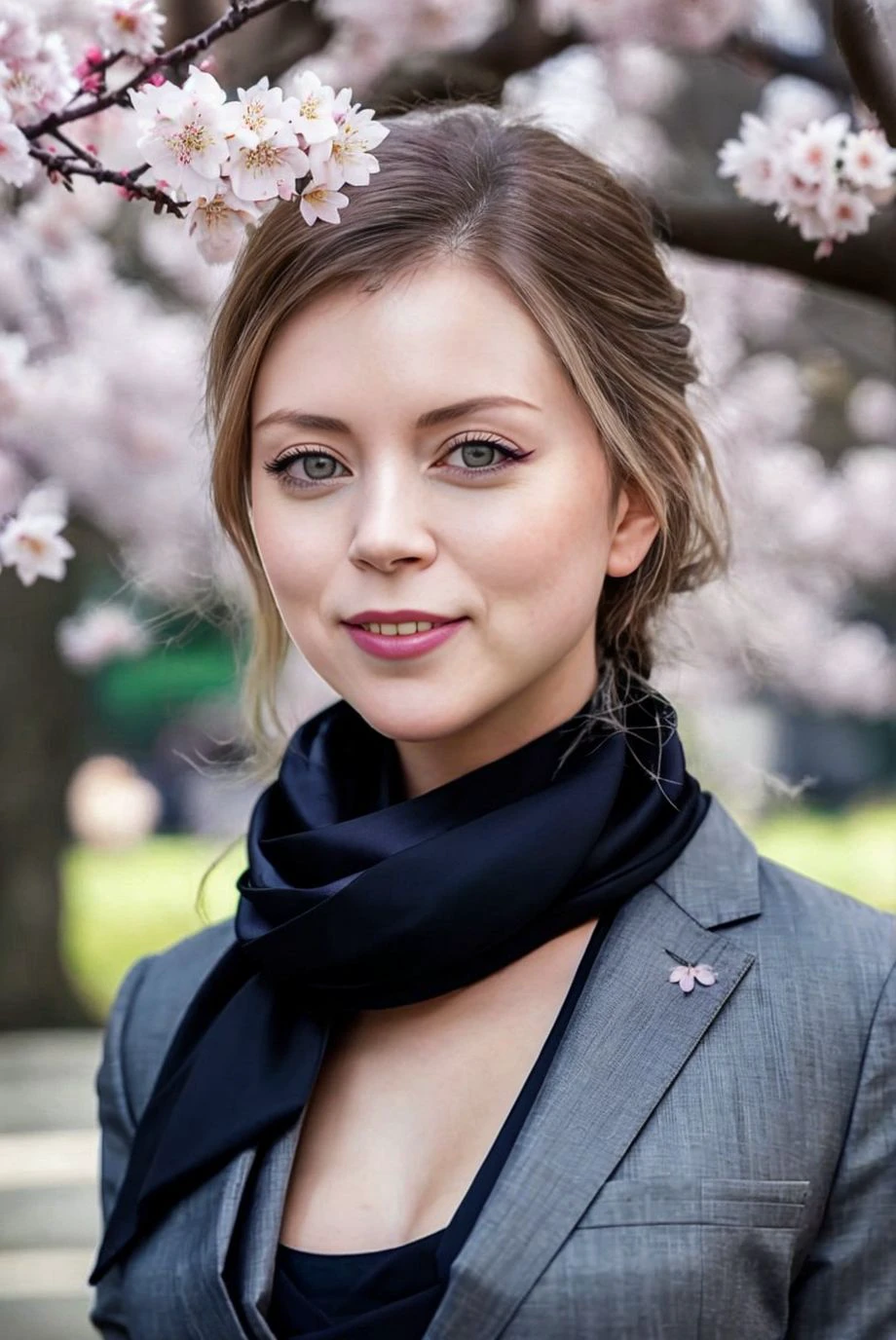 A stunning intricate full color portrait of a beautiful woman wearing a charcoal grey pantsuit with a silk scarf,Kyoto, Japan during cherry blossom season,closeup, epic character composition,by ilya kuvshinov, alessio albi, nina masic,sharp focus, subsurface scattering, f2, 35mm, film grain ,sexy smile<lora:milenaj:1>