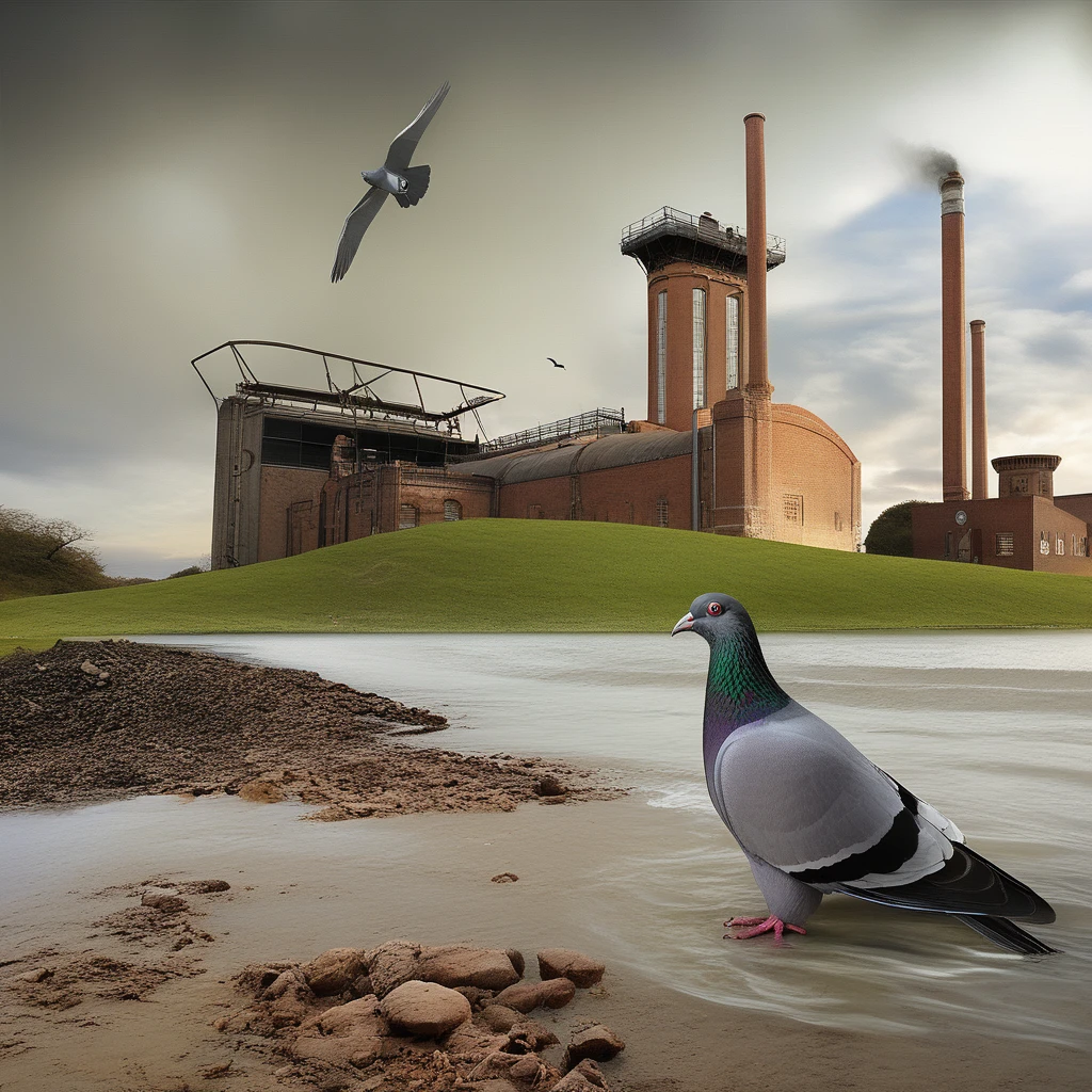 <lora:start:1> photo of a peculiar landscape with a giant pigeon a pumping station flooded fire brigade