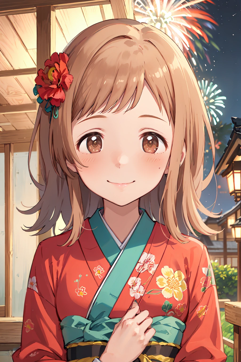 m_sakuragi, 1girl, medium hair, right brown hair, brown hair, brown eyes, blush, smile, virtual youtuber, night, outdoor, indoor, closed mouth, bangs, blush, upper body, japanese clothes, kimono, obi, short sidetail, hair ornament, flower ornament, aerial fireworks, fireworks <lora:m_sakuragi:1>