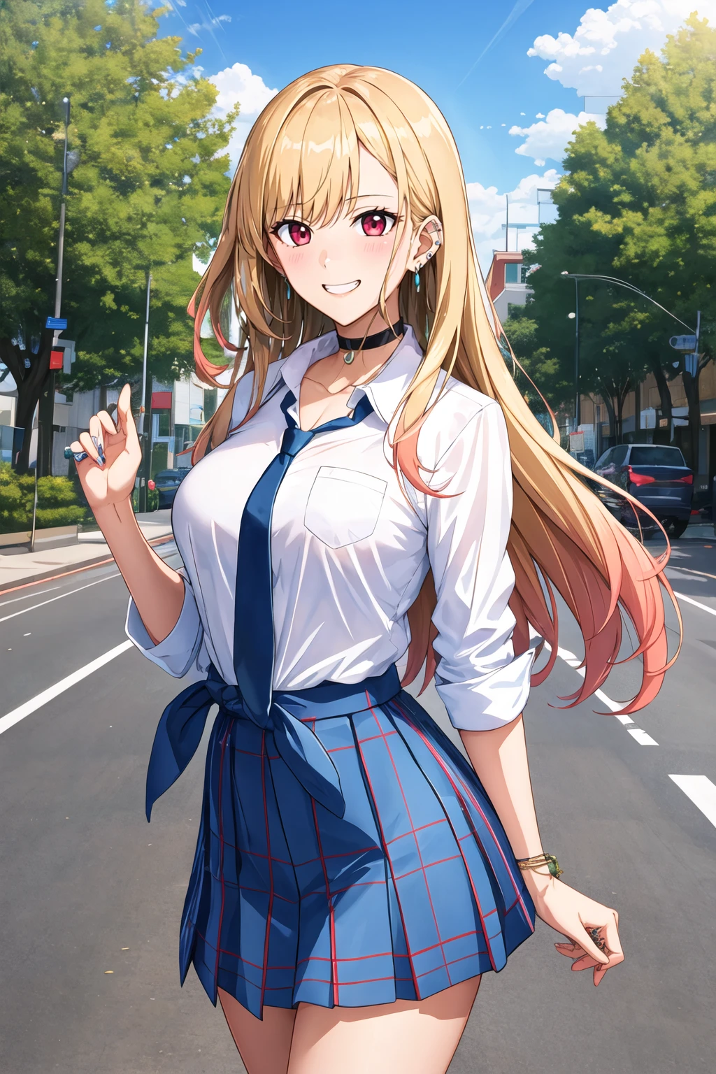 masterpiece, best quality, highres, kitagawa marin, 1girl, blonde hair, long hair, multicolored hair, red eyes, jewelry, earrings, piercing, school uniform, white shirt, tied shirt, black choker, blue necktie, plaid skirt, <lora:kitagawa_marin_v1-1:0.7>, grin, smile, standing, cowboy shot, outdoors,<lora:Ore-Halcon-Style_1103000:1>