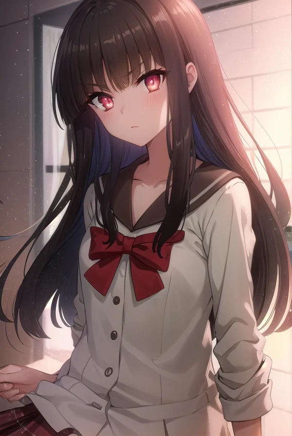 sarasvati, <lora:sarasvati s2-lora-nochekaiser:1>,
sarasvati, long hair, black hair, (red eyes:1.4), blunt bangs, hime cut,
BREAK skirt, bow, school uniform, serafuku, plaid, red bow, brown skirt,
BREAK indoors,
BREAK looking at viewer, (cowboy shot:1.5),
BREAK <lyco:GoodHands-beta2:1>, (masterpiece:1.2), best quality, high resolution, unity 8k wallpaper, (illustration:0.8), (beautiful detailed eyes:1.6), extremely detailed face, perfect lighting, extremely detailed CG, (perfect hands, perfect anatomy),