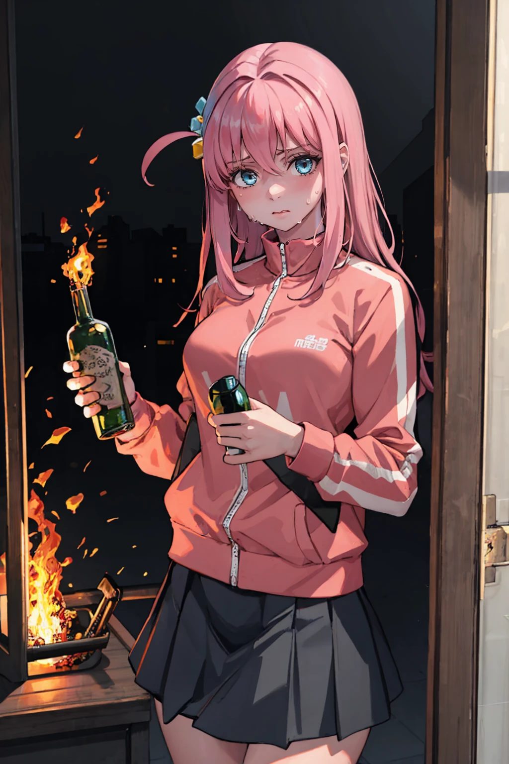 hiquality, tmasterpiece (One guy Astolfo, one green bottle of beer in hand. bare feet. Against the background of a disco in a dark room with a crowd of people