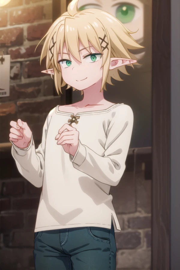 reviewerzel, <lora:reviewer zel male s1-lora-nochekaiser:1>,
zel, short hair, bangs, blonde hair, hair ornament, (green eyes:1.5), male focus, pointy ears, x hair ornament, elf, smile,
BREAK shirt, long sleeves, collarbone, white shirt, pants,
BREAK outdoors,
BREAK looking at viewer, (cowboy shot:1.5),
BREAK <lyco:GoodHands-beta2:1>, (masterpiece:1.2), best quality, high resolution, unity 8k wallpaper, (illustration:0.8), (beautiful detailed eyes:1.6), extremely detailed face, perfect lighting, extremely detailed CG, (perfect hands, perfect anatomy),