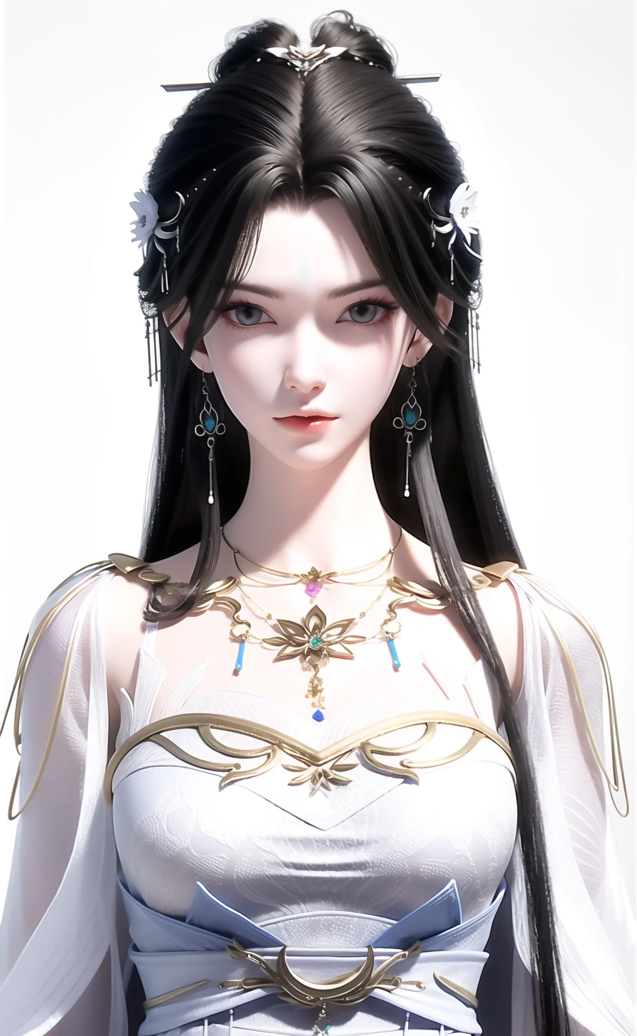 qingyi,1girl,solo,jewelry,hair ornament,long hair,necklace,upper body,dress,earrings,blurry background,facial mark,forehead mark,black hair,looking at viewer,expressionless,white dress,blurry,hair bun,<lora:æ¸æ¼ª-000011:0.8:lbw=role>,, 1girl,
,  (masterpiece,best quality:1.2),absurdres