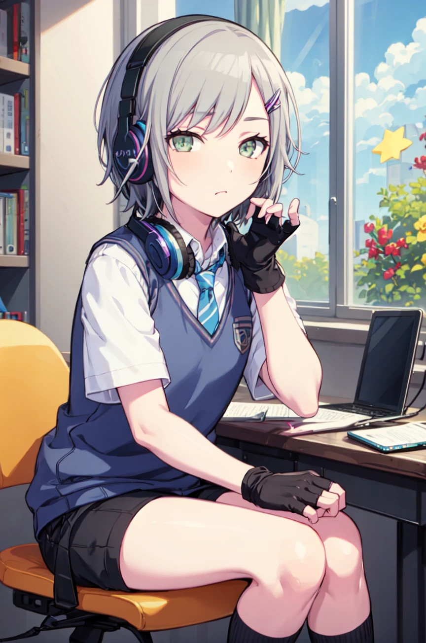 shiho_h, looking at viewer, shirt, hair ornament, gloves, sitting, blue hair, short sleeves, food, necktie, shorts, black gloves, socks, hairclip, collared shirt, cloud, indoors, fingerless gloves, star (symbol), window, fruit, feet out of frame, headphones, chair, stuffed toy, desk, sweater vest, basket, headphones around neck, shelf