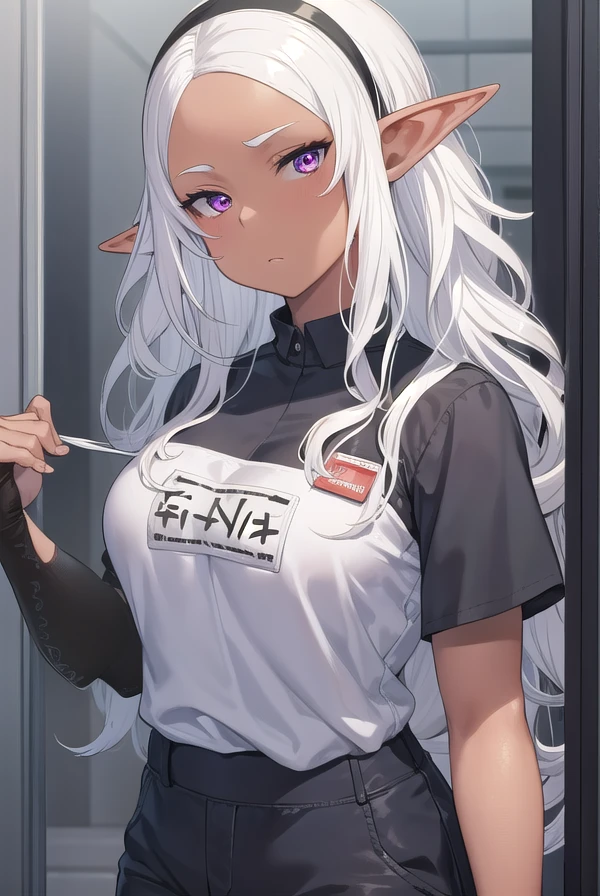 kuroeda, <lora:kuroeda manga-lora-nochekaiser:1>,
kuroeda, long hair, hairband, dark skin, dark-skinned female, white hair, (red eyes:1.3), (forehead:1.2), elf, pointy ears,
BREAK short sleeves, hairband, pants, uniform, name tag, employee uniform,
BREAK indoors, convenience store,
BREAK looking at viewer, (cowboy shot:1.5),
BREAK <lyco:GoodHands-beta2:1>, (masterpiece:1.2), best quality, high resolution, unity 8k wallpaper, (illustration:0.8), (beautiful detailed eyes:1.6), extremely detailed face, perfect lighting, extremely detailed CG, (perfect hands, perfect anatomy),