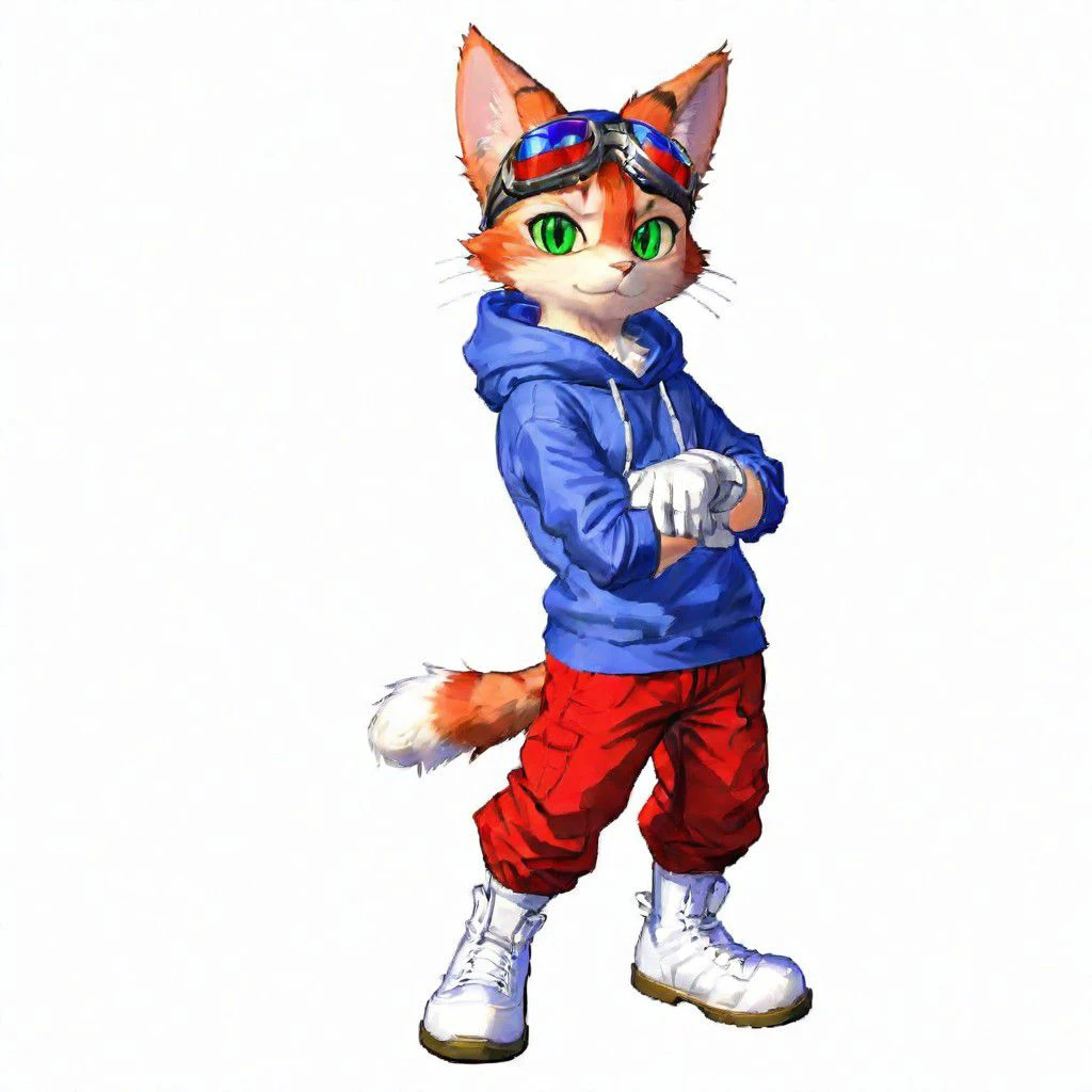 Blinx, solo, looking at viewer, simple background, gloves, 1boy, white background, green eyes, standing, tail, full body, shoes, pants, white gloves, hood, cat tail, hoodie, :3, cat, white footwear, slit pupils, goggles, furry, goggles on head, red pants, blue hoodie