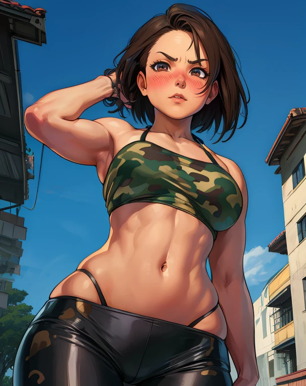 Akira,brown hair,brown eyes,short hair,serious,blush,
camo bikini,leather pants,toned,from below,
standing,upper body,
morning,school yard,
(insanely detailed, masterpiece, best quality,beautiful detailed eyes),solo,<lora:akira:0.8>,