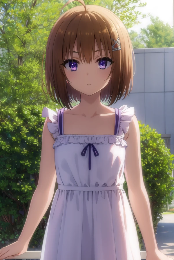 korewaharuna, <lora:korewa haruna s2-lora-nochekaiser:1>,
haruna, short hair, brown hair, (purple eyes:1.1), ahoge, hair ornament, x hair ornament,
BREAK dress, collarbone, frills, bow, sleeveless, bare arms,
BREAK outdoors,
BREAK looking at viewer, (cowboy shot:1.5),
BREAK <lyco:GoodHands-beta2:1>, (masterpiece:1.2), best quality, high resolution, unity 8k wallpaper, (illustration:0.8), (beautiful detailed eyes:1.6), extremely detailed face, perfect lighting, extremely detailed CG, (perfect hands, perfect anatomy),