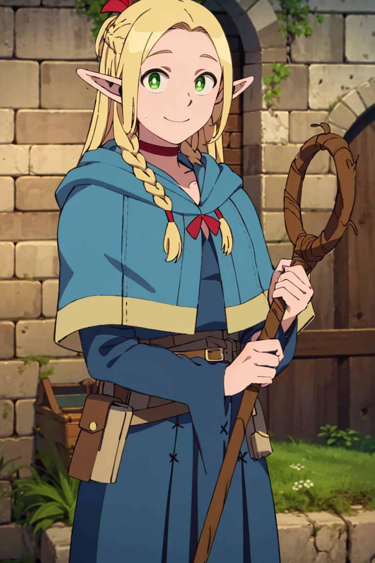 ((masterpiece,best quality)), absurdres,
<lora:Marcille_Donato_DungeonMeshi_Screenshots:0.8>, Marcille_Donato_DungeonMeshi,
1girl, solo, blonde hair, long hair, twin braids, elf, pointy ears, green eyes,
red choker, blue capelet,
solo, smiling, looking at viewer, cowboy shot,