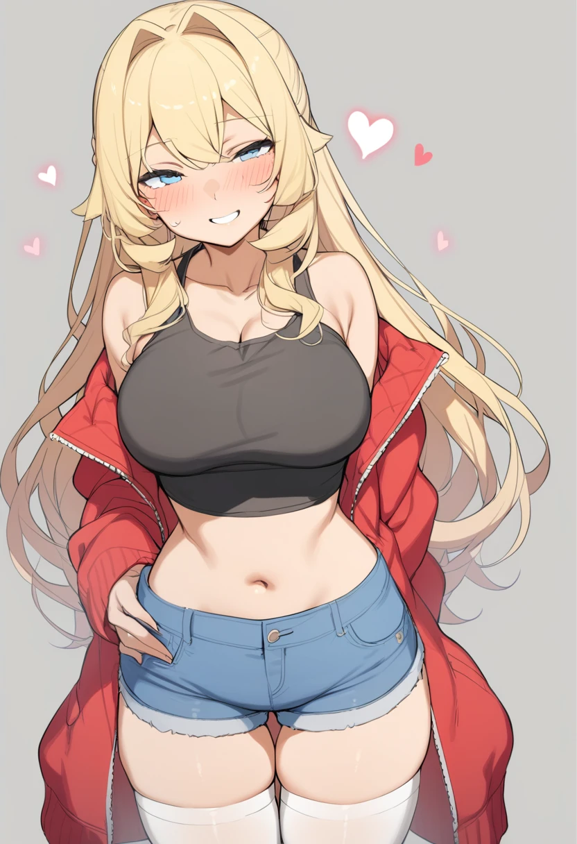 1girl, style:abmayo, arm behind back, black tank top, blonde hair, blue eyes, blue shorts, blush, breasts, cowboy shot, denim, denim shorts, grey background, hair intakes, heart, jacket, large breasts, long hair, long sleeves, looking at viewer, midriff, navel, open clothes, red jacket, shirt, short shorts, shorts, smile, solo, st. gloriana's military uniform, tank top, thighhighs, thighs, white thighhighs, masterpiece, best quality, <lora:Style - abmayo - v1 - bionagato:1>