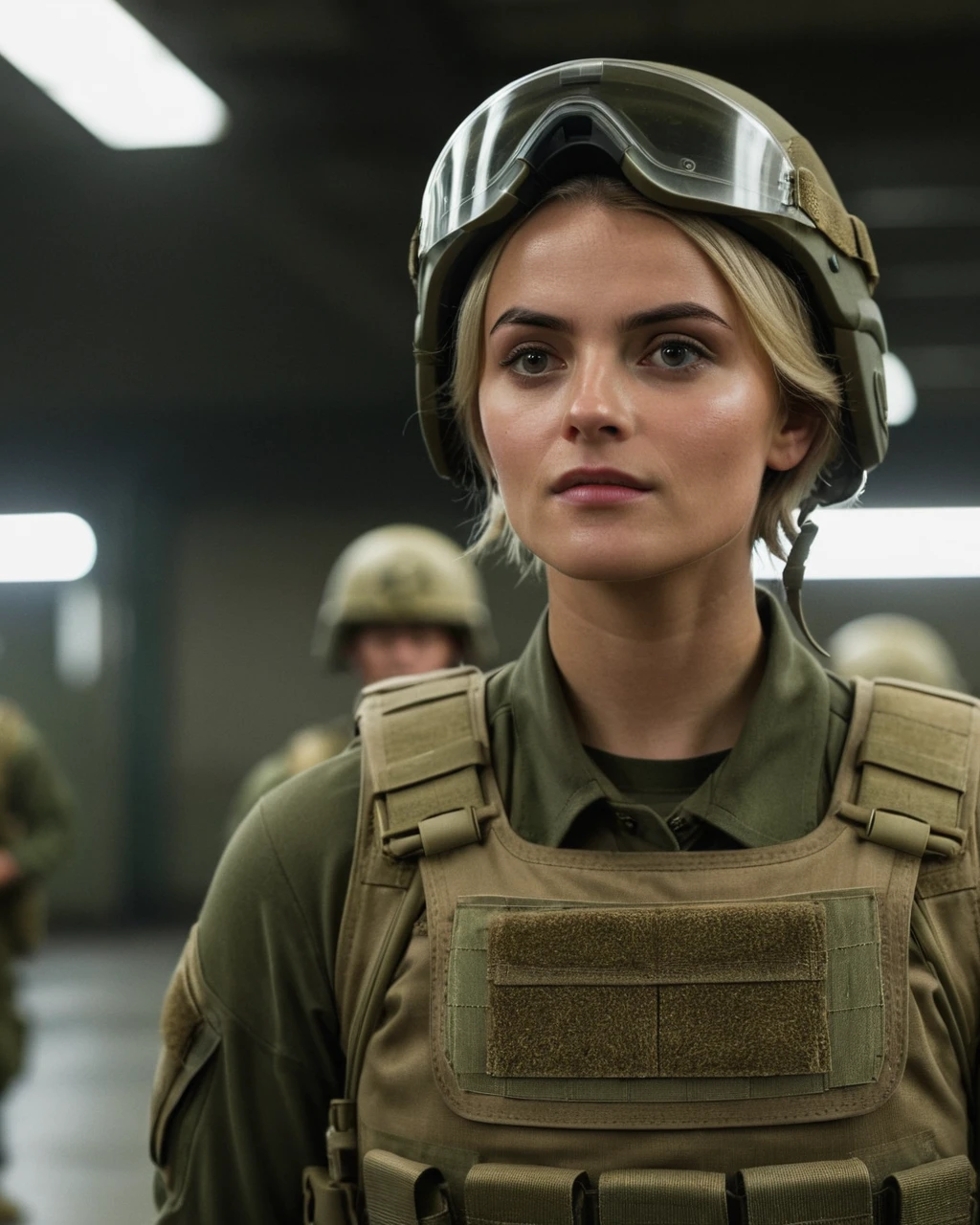 cinematic film still <lora:Millie Gibson V1-000009:0.6> of ((Millie Gibson)) as a soldier ,wearing an military fatigues with a helmet, tactical gear, standing in a military base ,look up, serious expression, depth of field, telephoto lens, short hair,profile,looking up,(full body focus),half closed-eyes, central composition, soldiers in the background, .shallow depth of field, highly detailed, high budget, bokeh, cinemascope, depressing, epic, gorgeous, film grain, grainy, ((Interrupted left brow))
