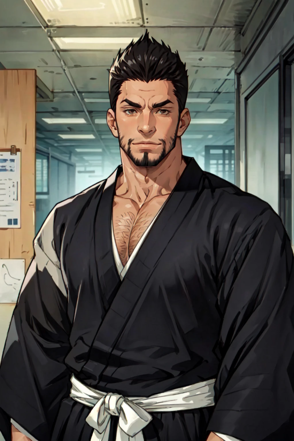 1boy,  solo,  Isshin Kurosaki,  BLEACH,  anime,  tall,  muscular man, (black hair),  brown eyes,  thin facial hair around mouth and on cheeks,  40 years old,  mature,  pure black male Kimono,  black Hakama,  white Kimono belt,  manly,  masculine,  handsome,  charming,  alluring,  office,  (standing),  (upper body in frame),  perfect light,  perfect anatomy,  perfect proportions,  perfect perspective,  8k,  HQ,  (best quality:1.2,  masterpiece:1.2,  madly detailed),  perfect face,  front view,  portrait,<lora:EMS-267367-EMS:0.700000>,<lora:EMS-179-EMS:0.000000>