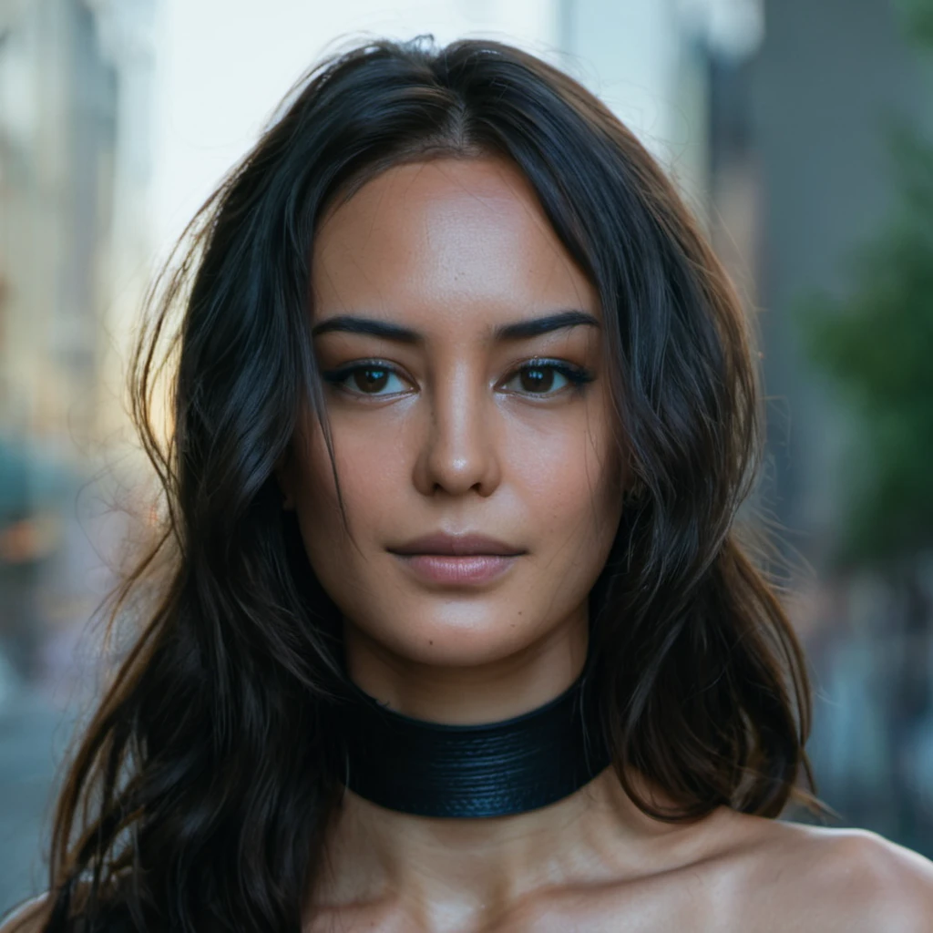 Photograph of a gorgeous latina girl, dans la ville, porter un haut noir, jouissant, fille, 夏天, Fille chaude, (((very heavy bust))), cheveux bruns, long_cheveux, Look into the camera, symmetrical face, photoreallistic, photographie, Spectacular lighting,, magnifique, clivage, occidental, (Masterpice), Best quality, High resolution, Extremely detailed, peau avec pores, blurred background, profondeur de champ, lighting cinematic
